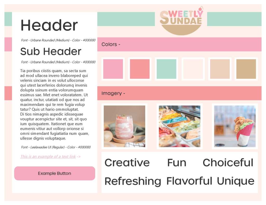 Sweetly Sundae style tile, showing their brand logo, colors, and related phrases, as well as example imagery, headers, sub-headers, body text, links, and buttons