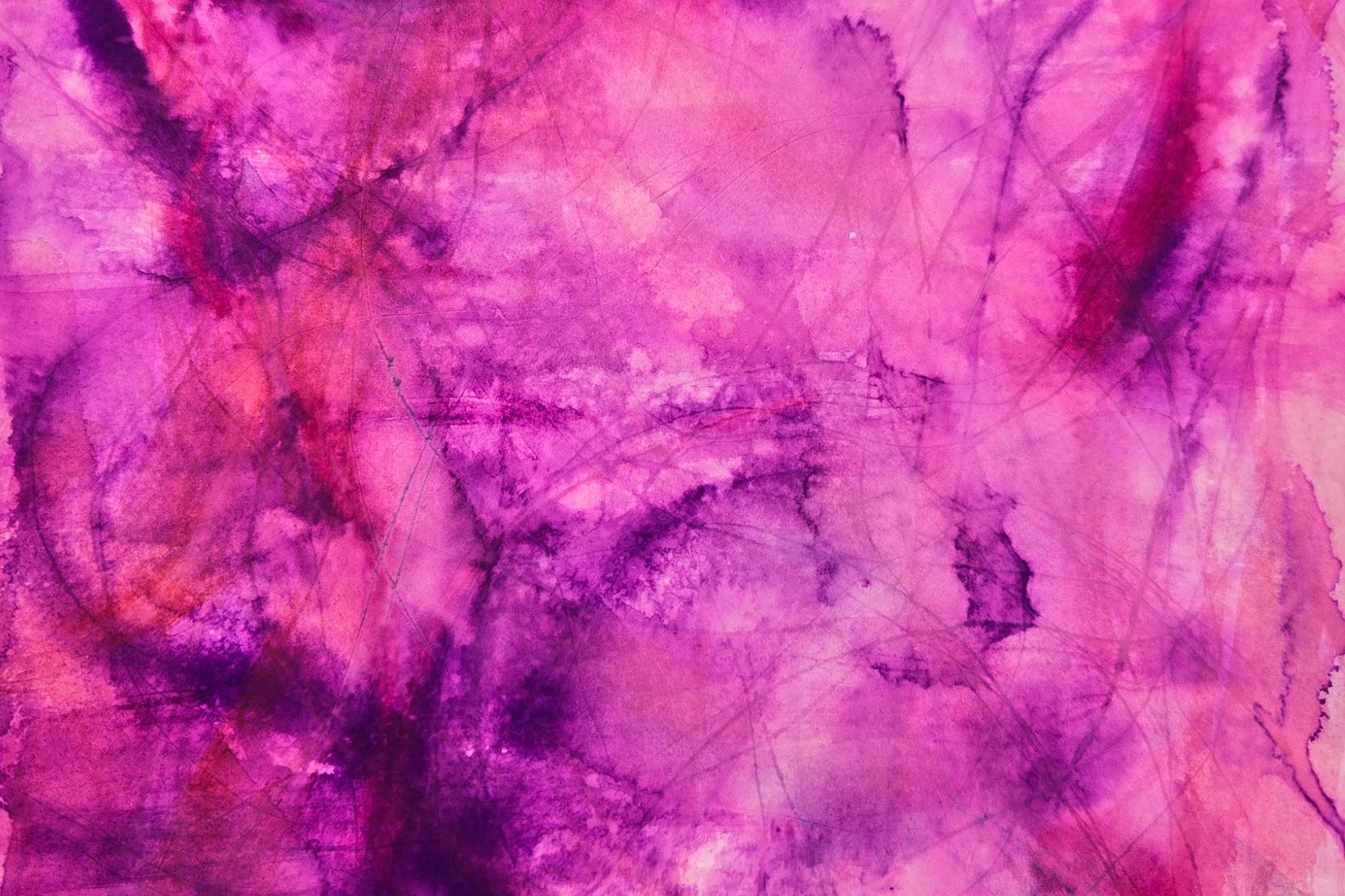 Abstract ink and watercolor painting, swirls of pink and purple